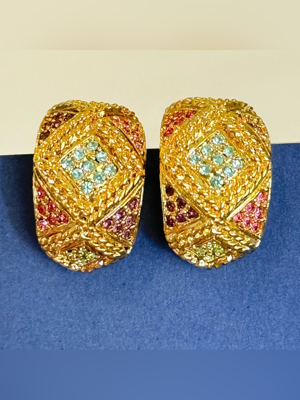 D'Orlan Gold Plated Clip On Earrings Pastel Swarovski Crystals Chunky Colorful